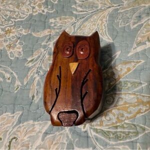Vintage handcrafted wood owl puzzle box, all parts intact, used/good.